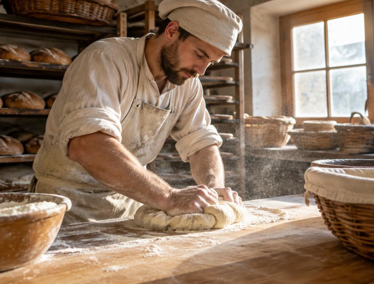 Bakker kneedt deeg in de bakkerij