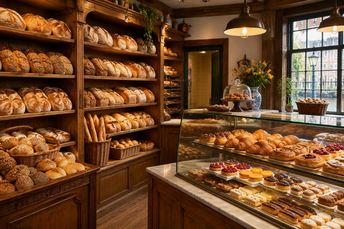 Interieur van de winkel met vers brood en gebak